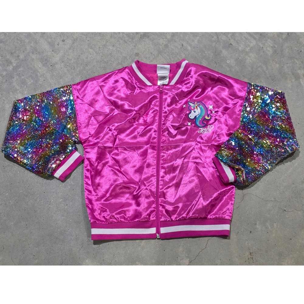 JoJo Siwa Nickelodeon Girls Pink Bomber Jacket Rainbow Sequin Sleeves Size 10/12